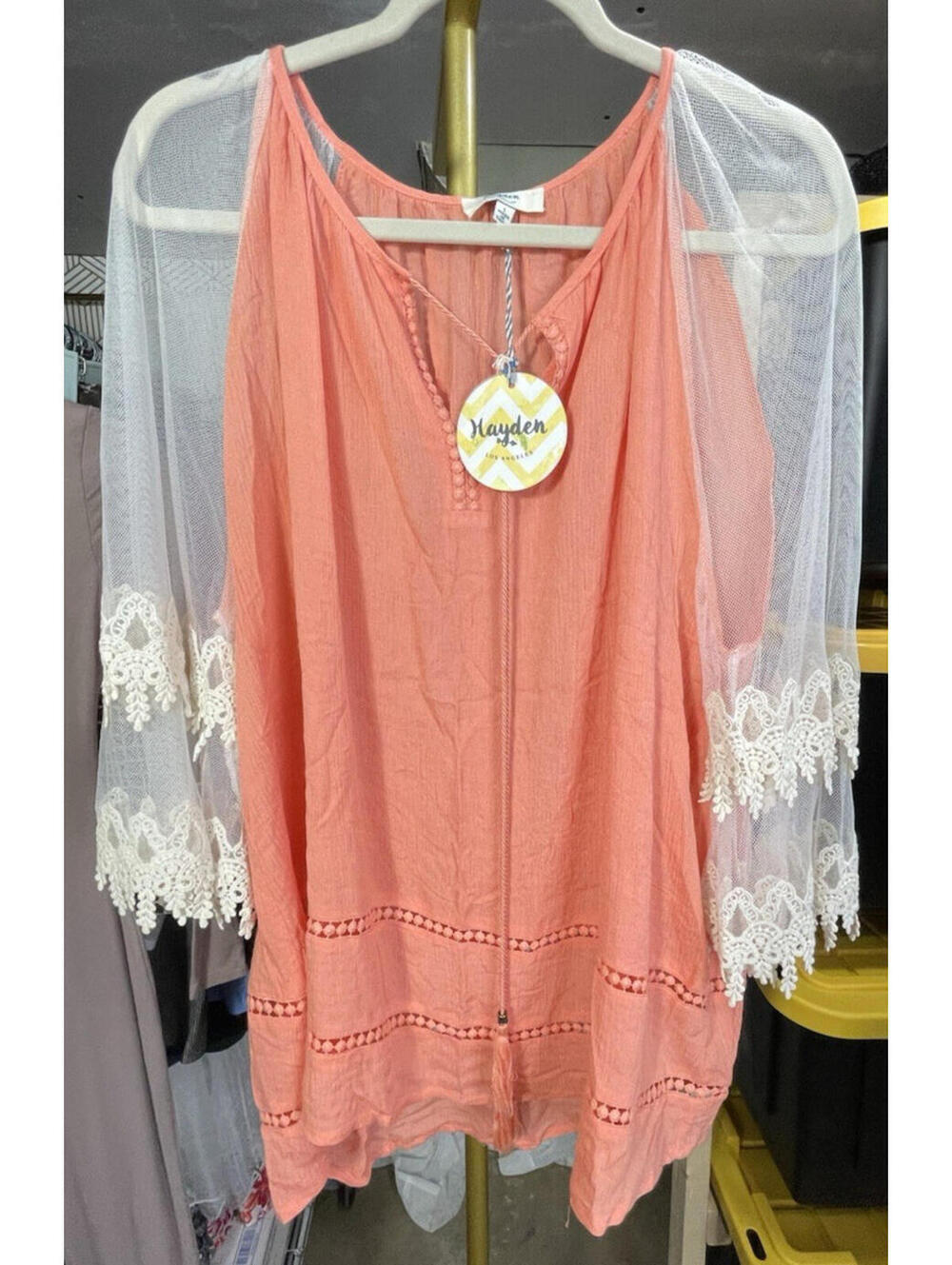 Hayden Los Angeles Coral Boho Blouse Mesh Sleeves Embroidered Trim Sz L *READ
